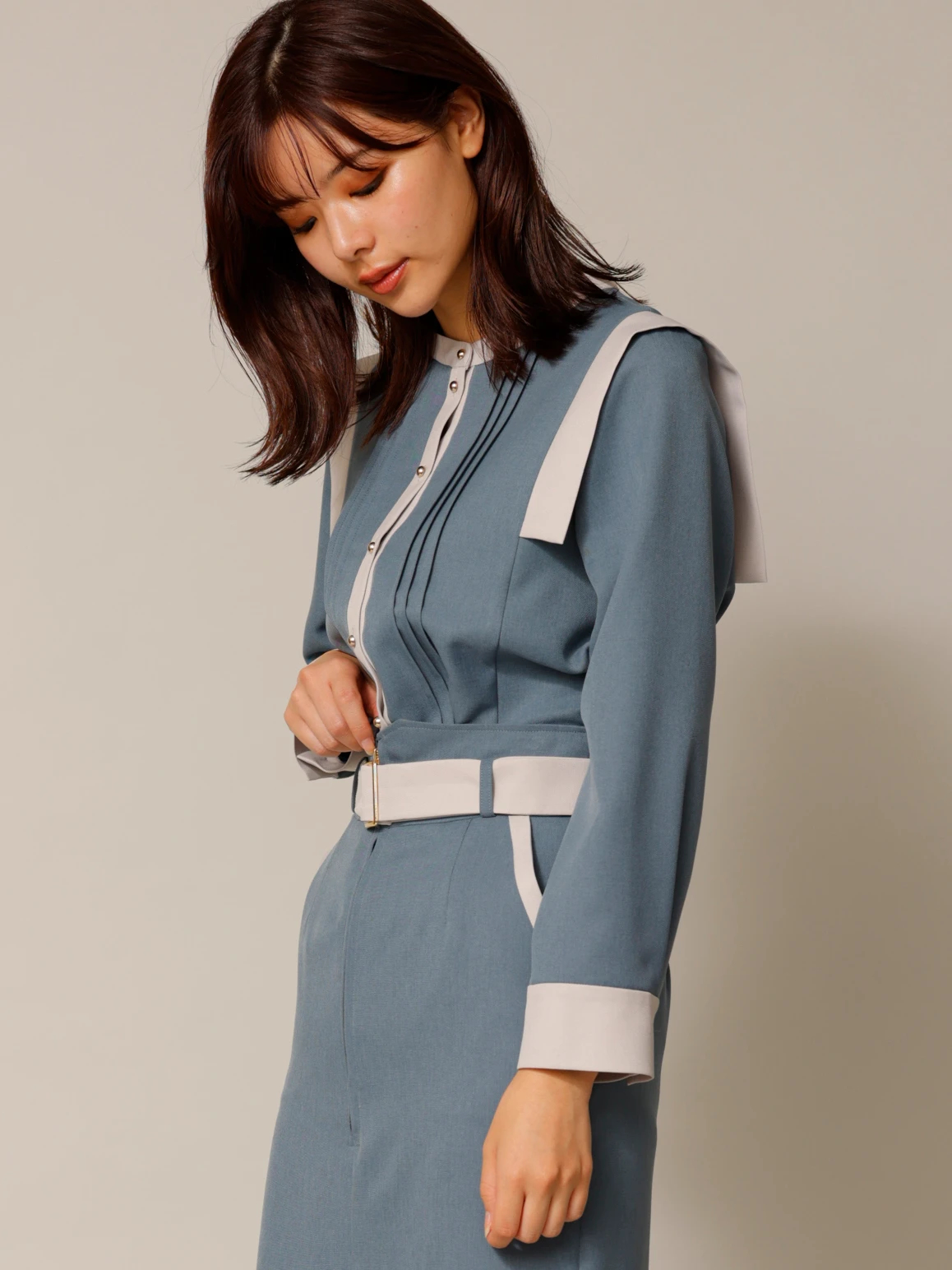 TONAL バイカラーツイルハイネックピンタックブラウス TONAL バイカラーツイルハイネックピンタックブラウス