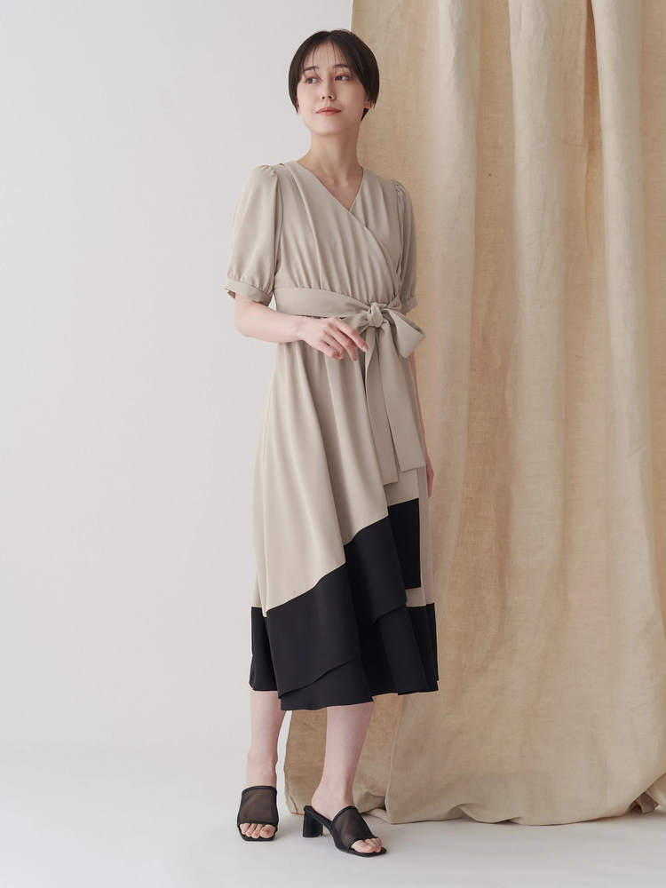 TONAL(トーナル) |バイカラーカシュクールクロスベルトワンピース